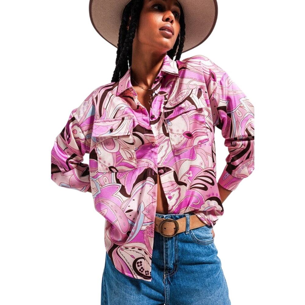 Q2 Abstract Pink Swirl Silky Poly Retro Button Down Blouse Size S